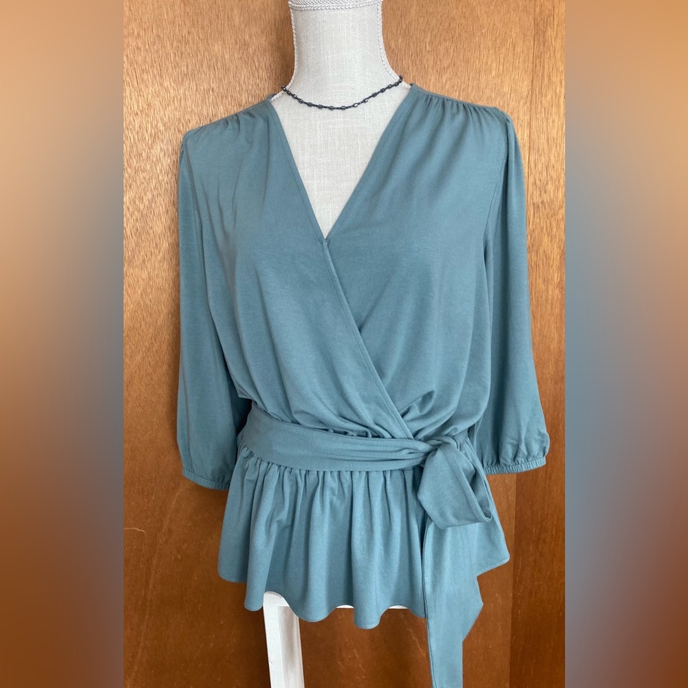 LRL Jerseys Peplum Top with Ruffled Waist and Belt in Sage Green.